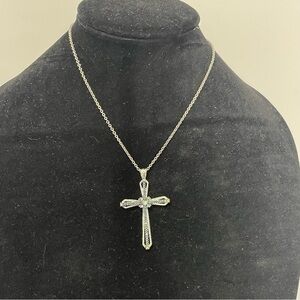 Silver Tone Cross Pendant Necklace with Blue and Clear Rhinestones